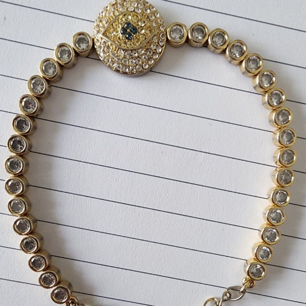 JOAN BOYCE EVIL EYE AND CRYSTAL WITH GOLD ADJUSTABLE BRACELET